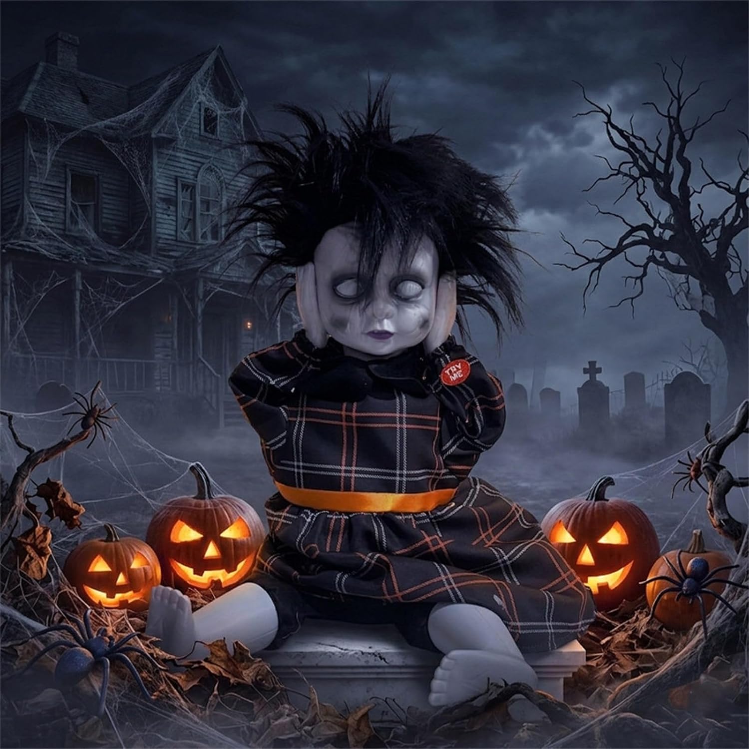 Electric Head-Lifting Horror Doll Halloween Prop with Light and Sound