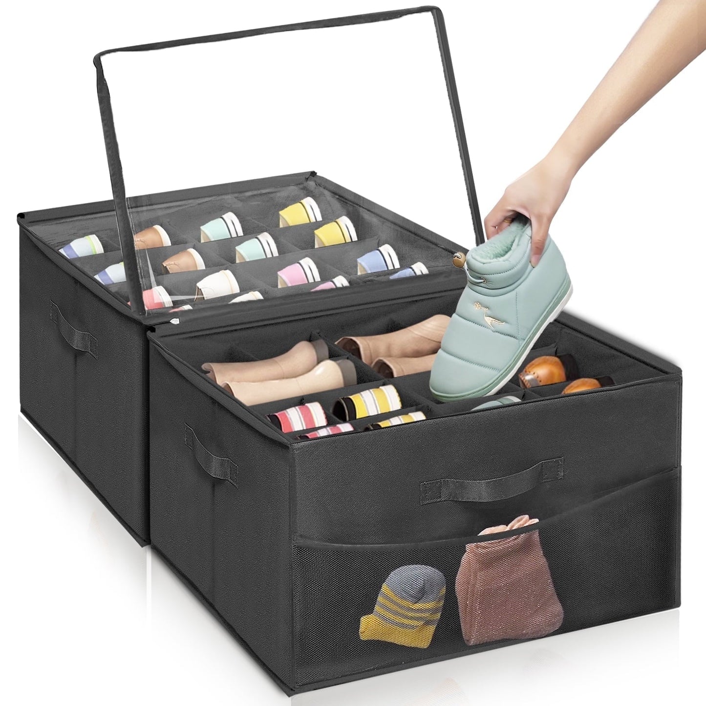 Foldable fabric shoe organizer with clear cover and handles